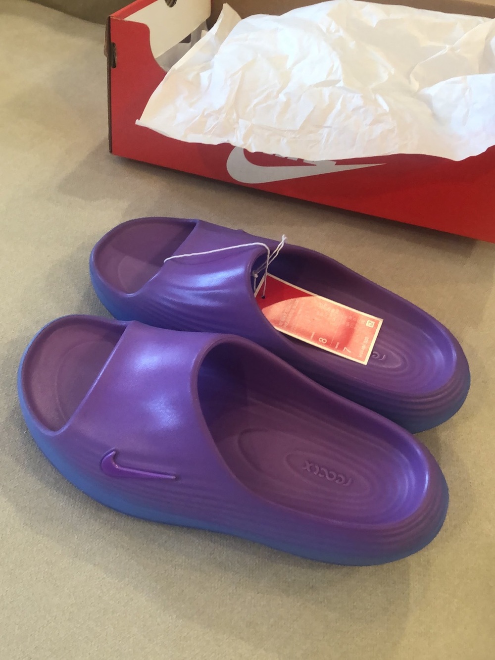 Nike Kids Purple Slide Sandals with Blue Sole